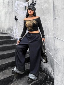 Jeanoix Celana Panjang Wanita Ukuran Plus Gaya Y2K Model Lurus dengan Hiasan Kancing di Saku Belakang - Dark Wash - View 5