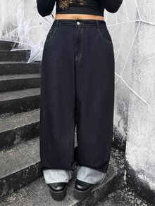 Jeanoix Celana Panjang Wanita Ukuran Plus Gaya Y2K Model Lurus dengan Hiasan Kancing di Saku Belakang - Dark Wash - View 7