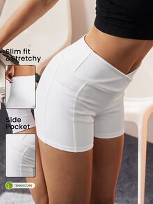 CourtClass Women White Ribbed Sports Shorts, Cross High Waist Design With Side Pockets, Casual Athletic Bottoms - White - View 1