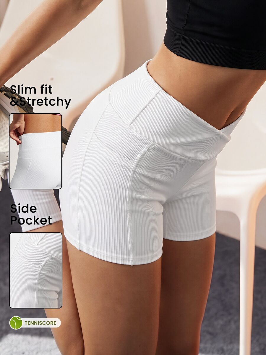 CourtClass Women White Ribbed Sports Shorts, Cross High Waist Design With Side Pockets, Casual Athletic Bottoms - White - View 1