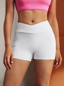 CourtClass Women White Ribbed Sports Shorts, Cross High Waist Design With Side Pockets, Casual Athletic Bottoms - White - View 5