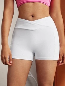 CourtClass Women White Ribbed Sports Shorts, Cross High Waist Design With Side Pockets, Casual Athletic Bottoms - White - View 4