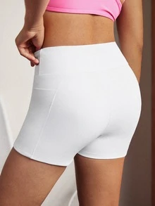 CourtClass Women White Ribbed Sports Shorts, Cross High Waist Design With Side Pockets, Casual Athletic Bottoms - White - View 3
