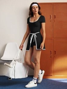 CourtClass Vestido deportivo para mujer, conjunto de tenis/golf con pantalones cortos incorporados, diseño de bloques de color, adecuado para gimnasio/desplazamiento en verano - Blanco y Negro - Ver 6