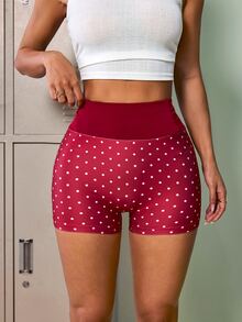 Easithlete Women's Minimalist High Waist Polka Dot Print Sports Shorts - Burgundy - View 3