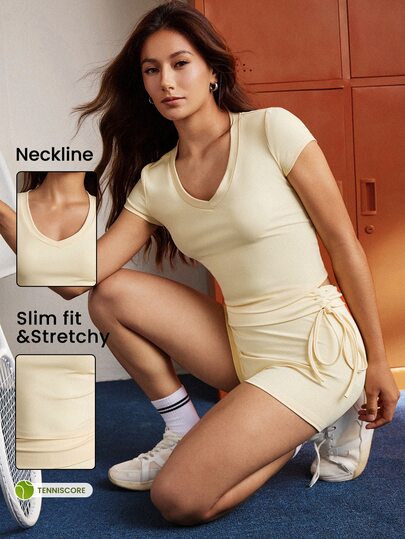 CourtClass CourtClass Women's Solid Color V-Neck Short Sleeve T-Shirt And Side Tie Shorts Sports Set