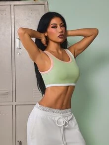 SHEIN Dewbera Women's Street Minimalist Striped Colorblock Cropped Sports Tank Top - Grass Green - View 4