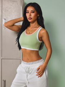 SHEIN Dewbera Women's Street Minimalist Striped Colorblock Cropped Sports Tank Top - Grass Green - View 3