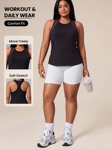 SHEIN Unity Solid Color Racerback Plus Size Sports Tank Top - Black - View 9
