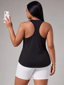 SHEIN Unity Solid Color Racerback Plus Size Sports Tank Top - Black - View 5