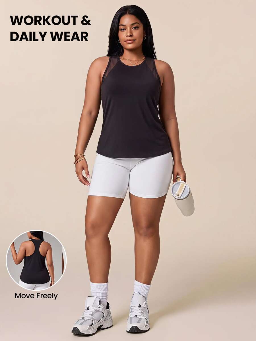 SHEIN Unity Solid Color Racerback Plus Size Sports Tank Top - Black - View 1