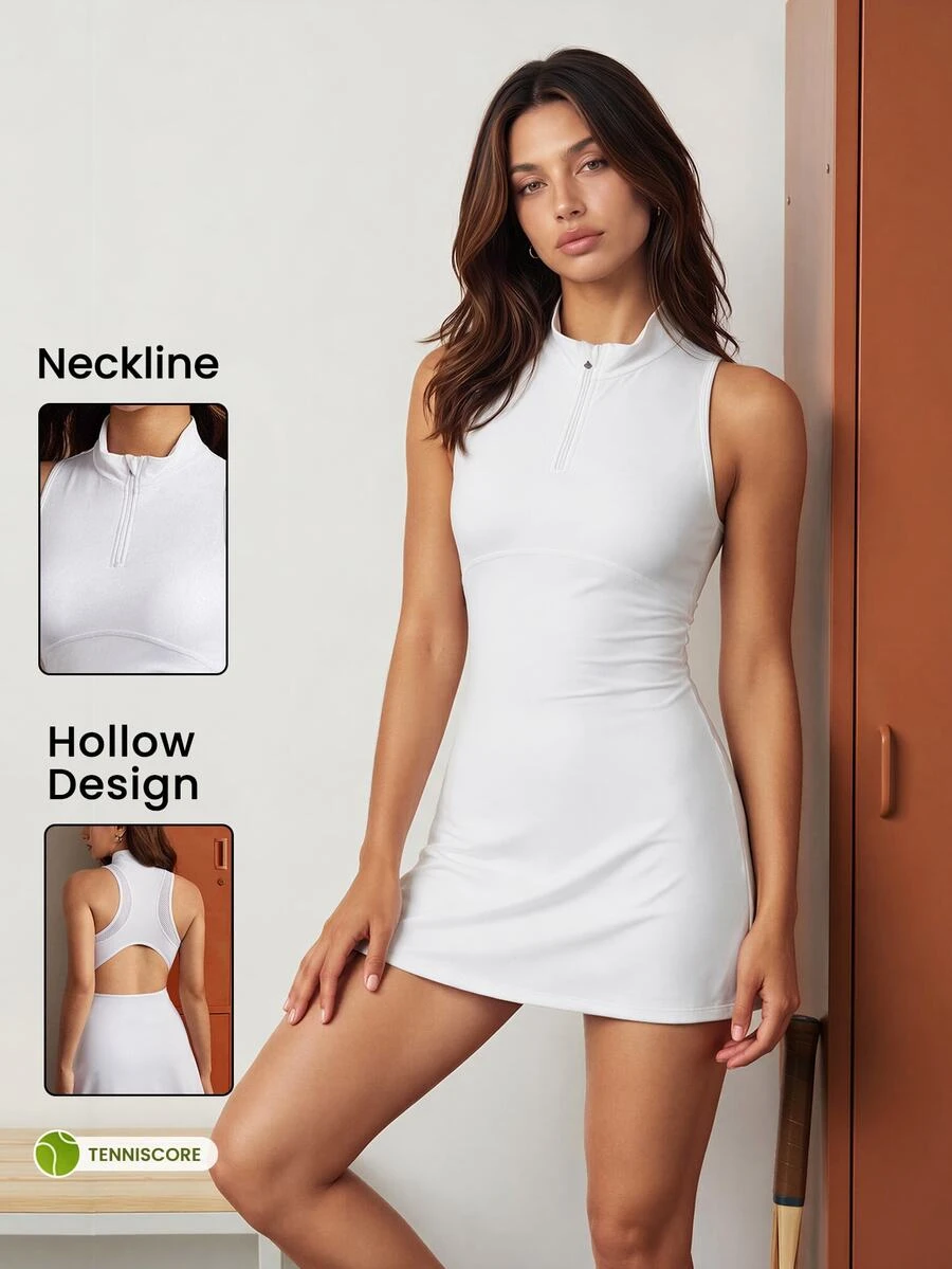 CourtClass CourtClass تنورة رياضية للتنس نصف سحاب للنساء، تصميم ظهر مفرغ، شورت داخلي مع جيوب، مناسبة للتنقل واللياقة البدنية واليوغا والجري - أبيض - مشاهدة 1