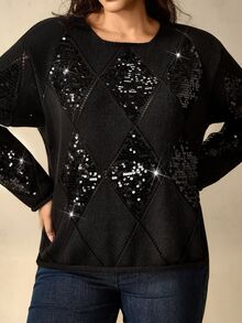 Nubod Plus Size Women's Black Argyle Sequin Long Sleeve Sweater - Black - View 7