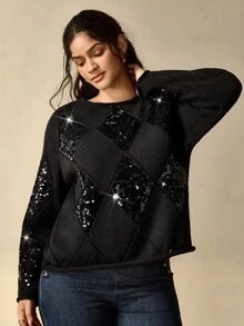 Nubod Plus Size Women's Black Argyle Sequin Long Sleeve Sweater - Black - View 6