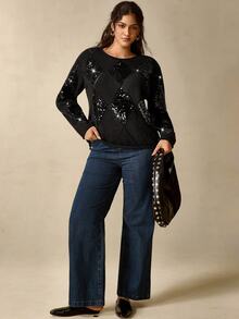 Nubod Plus Size Women's Black Argyle Sequin Long Sleeve Sweater - Black - View 5