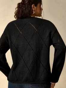 Nubod Plus Size Women's Black Argyle Sequin Long Sleeve Sweater - Black - View 2