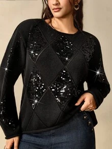 Nubod Plus Size Women's Black Argyle Sequin Long Sleeve Sweater - Black - View 3