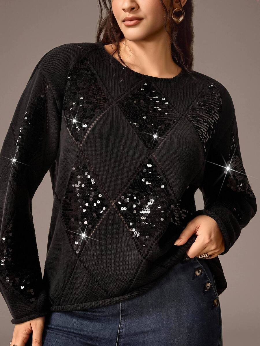 Nubod Plus Size Women's Black Argyle Sequin Long Sleeve Sweater - Black - View 1