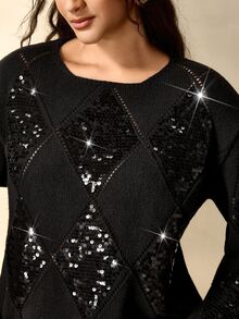 Nubod Plus Size Women's Black Argyle Sequin Long Sleeve Sweater - Black - View 4
