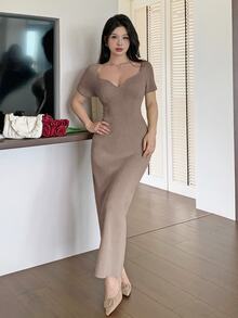 Modelyn Women's Solid Color Short Sleeve Cutout Square Neck Fitted Fashion Knit Dress - Khaki - View 7