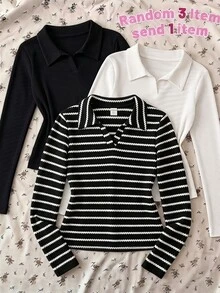 SHEIN 女款黑白條紋 Polo 領針織毛衣，秋季修身短版 V 領長袖緹花上衣，校園休閒學院風 - 黑色 - 查看 1