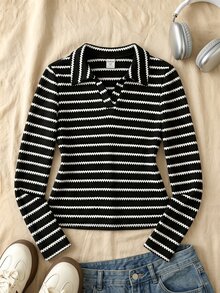 SHEIN 女款黑白條紋 Polo 領針織毛衣，秋季修身短版 V 領長袖緹花上衣，校園休閒學院風 - 黑色 - 查看 2