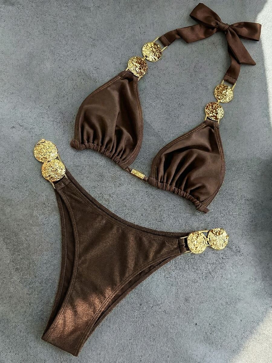 SHEIN Swim 纯色挂脖系带泳衣,腰部金属装饰,优雅度假女士泳装套装 - 棕色 - 查看 1