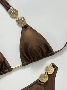 SHEIN Swim 纯色挂脖系带泳衣，腰部金属装饰，优雅度假女士泳装套装 - 棕色 - 查看 3
