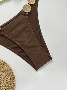 SHEIN Swim 纯色挂脖系带泳衣，腰部金属装饰，优雅度假女士泳装套装 - 棕色 - 查看 4