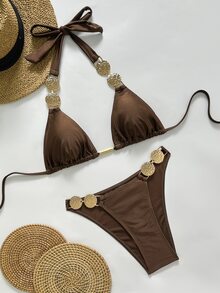 SHEIN Swim 纯色挂脖系带泳衣，腰部金属装饰，优雅度假女士泳装套装 - 棕色 - 查看 8
