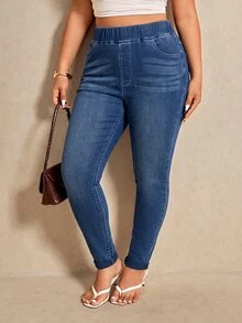 SHEIN ICON Plus Size Women's Casual Everyday Denim Jeans With Pockets - Medium Wash - View 5