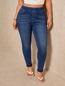 SHEIN ICON Plus Size Women's Casual Everyday Denim Jeans With Pockets - Medium Wash - View 6