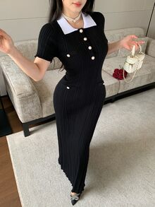 Modelyn 女款拼色休閒法式優雅日常秋季針織洋裝 辦公室早午餐 黑白配色 - 黑與白 - 查看 5