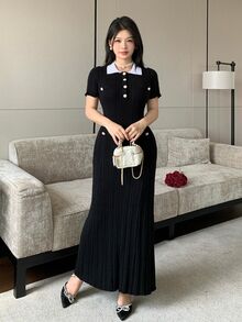 Modelyn 女款拼色休閒法式優雅日常秋季針織洋裝 辦公室早午餐 黑白配色 - 黑與白 - 查看 4