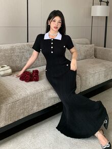 Modelyn 女款拼色休閒法式優雅日常秋季針織洋裝 辦公室早午餐 黑白配色 - 黑與白 - 查看 8