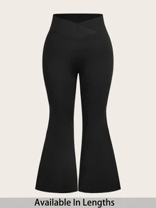 SHEIN PETITE CURVE 大尺碼純色極簡休閒寬鬆交叉腰喇叭褲 正式運動黑色冬季 - 黑色 - 查看 2