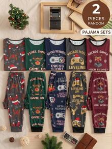 Tween Boy Christmas Hat Print Long Sleeve Top And Pants Loungewear Set - Black - View 1
