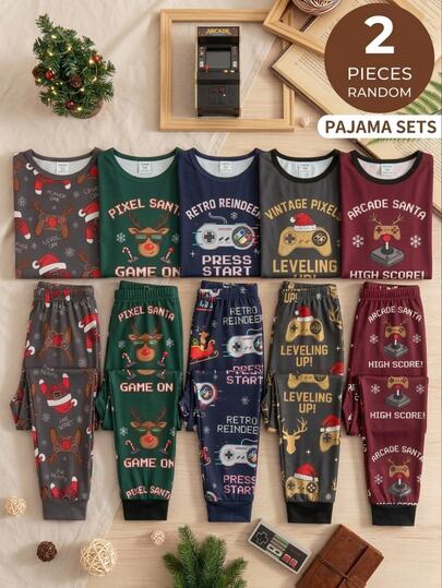 Tween Boy Christmas Hat Print Long Sleeve Top And Pants Loungewear Set