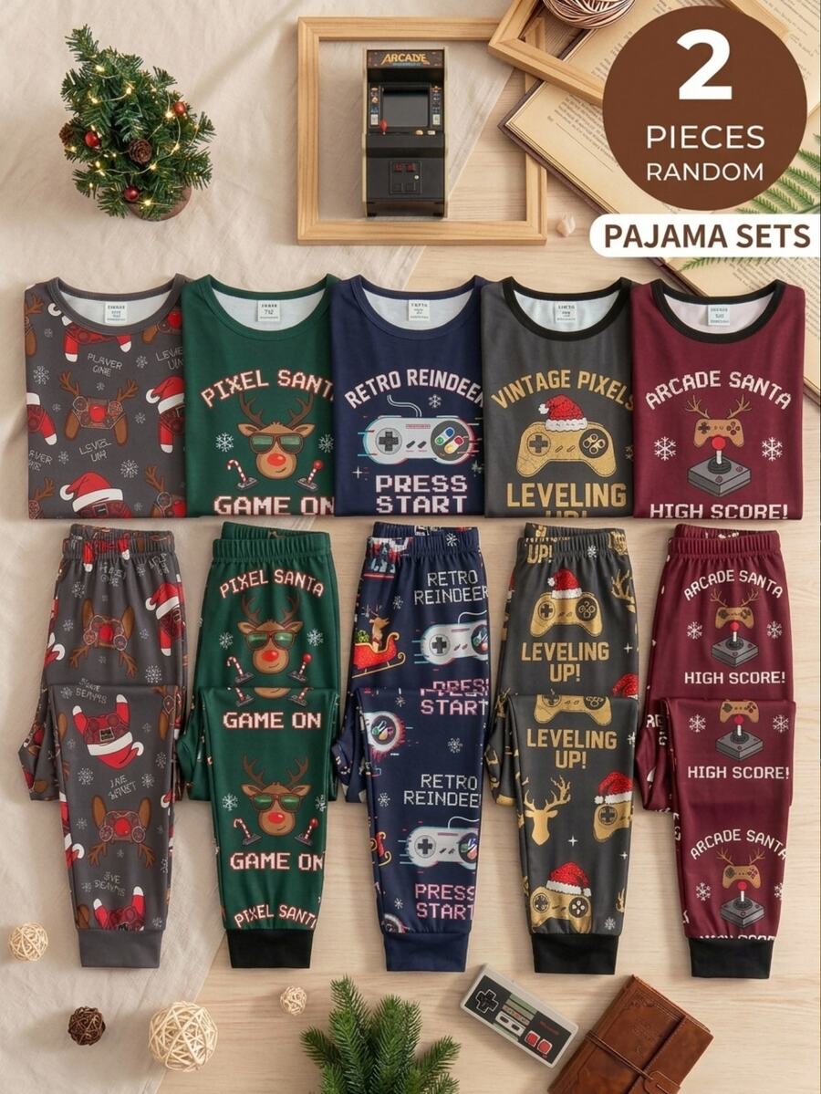Tween Boy Christmas Hat Print Long Sleeve Top And Pants Loungewear Set - Black - View 1