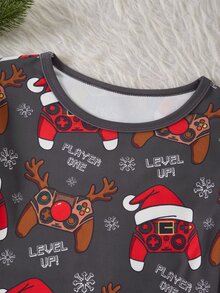 Tween Boy Christmas Hat Print Long Sleeve Top And Pants Loungewear Set - Black - View 7
