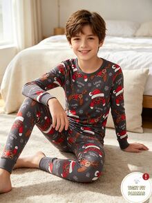 Tween Boy Christmas Hat Print Long Sleeve Top And Pants Loungewear Set - Black - View 5