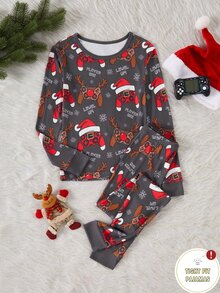Tween Boy Christmas Hat Print Long Sleeve Top And Pants Loungewear Set - Black - View 3