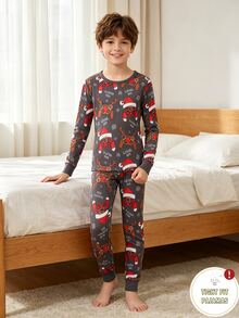Tween Boy Christmas Hat Print Long Sleeve Top And Pants Loungewear Set - Black - View 6