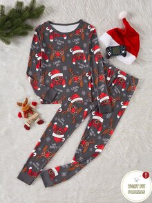 Tween Boy Christmas Hat Print Long Sleeve Top And Pants Loungewear Set - Black - View 10