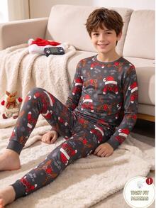 Tween Boy Christmas Hat Print Long Sleeve Top And Pants Loungewear Set - Black - View 2