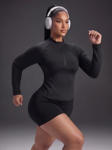 Powerista Women's Plus Size Solid Color Raglan Long Sleeve Zipper Design Sports Sweatshirt Fleece-Trimmed Long-Sleeved For Autumn And Winter Running Workout - Black - View 6