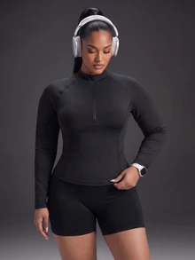 Powerista Women's Plus Size Solid Color Raglan Long Sleeve Zipper Design Sports Sweatshirt Fleece-Trimmed Long-Sleeved For Autumn And Winter Running Workout - Black - View 4