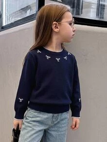 Young Girl Cute Versatile Embroidery Bow Crew Neck Long Sleeve Knit Sweater - Royal Blue - View 1