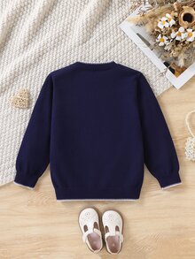 Young Girl Cute Versatile Embroidery Bow Crew Neck Long Sleeve Knit Sweater - Royal Blue - View 2
