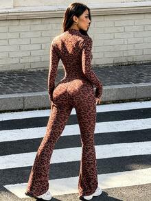 Muchica Women's Leopard Print Stand Collar Zip Up Slim Fit Sports Set Gym Set Workout Set 2 Piece Set Tracksuit Sportswear Activewear Halloween Costume Fall - Chocolate Brown - View 4